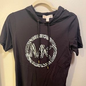 NWT Michael Kors Logo Hooded Tshirt, Black with Zebra Print Logo, Size Small